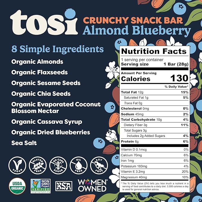Tosi Nut Bars, Almond Blueberry, Healthy Snacks for Adults & Kids, Plant Based Crunchy Bars (5G Protein), Organic Keto Snacks, Vegan, Gluten & Soy Free, Low Sugar, Omega 3s, 1oz, 12-Pack