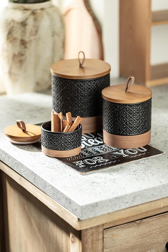 Mini Ceramic Jars with Airtight Lid, Coffee Container Canister Kitchen Food Storage Jar with Lid for Spice Sugar Tea Bag, Stackable Decorative Jars for Countertop, Pantry, Black & 5 fl.oz