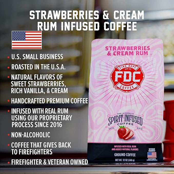 Fire Department Coffee - Gives Back to Firefighters - Strawberries & Cream Rum Infused Ground Coffee - Medium Roast - Non-Alcoholic - Roasted in the USA - Veteran Owned - 12 oz