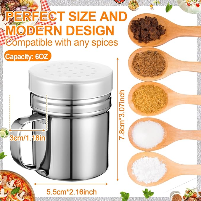 Lallisa 6 Pcs Stainless Steel Salt and Pepper Shakers with Lid and Handle Dredge Spice Seasoning Condiment Popcorn Salt Shaker Powder Sugar Flour for Cooking Kitchen Baking (6oz)