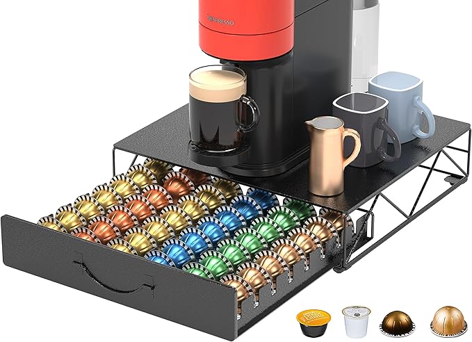HFHOME Coffee Pod Drawer, 48 Vertuoline Coffee Pods Holder, Pods Storage Drawer Holder for 36 K Cup, Metal Coffee Station for Nespresso Vertuo Capsules for Home Office Counter, Black