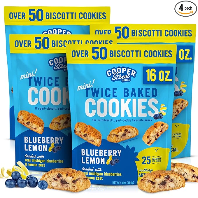 Cooper Street Twice-Baked Blueberry Lemon Biscotti Cookies (16 oz Pack of 4) – Over 50 Biscotti per Bag Loaded with Real Fruit, Traditional Italian Style Snacks - Dairy, Peanut & Soy Free, Kosher