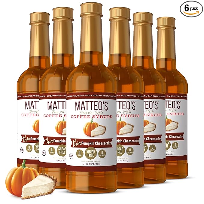 Matteo's Pumpkin Cheesecake Syrup for Coffee, Lattes, Cappuccinos & Desserts – Sugar-Free Sweetener for Beverages, Keto Friendly, Zero Calories, Indulgent Flavor, Non-Alcoholic, 33.8oz (6pk)