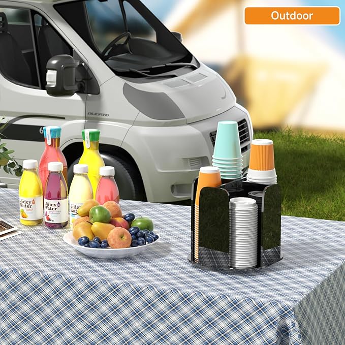 Beego Coffee Cup Holder Organizer - Rotatable 4 Compartments Black Acrylic Cup Dispenser Station With Lid Carousel - Countertop Plastic Cup Holder for Restaurant Breakroom Bar Accessories