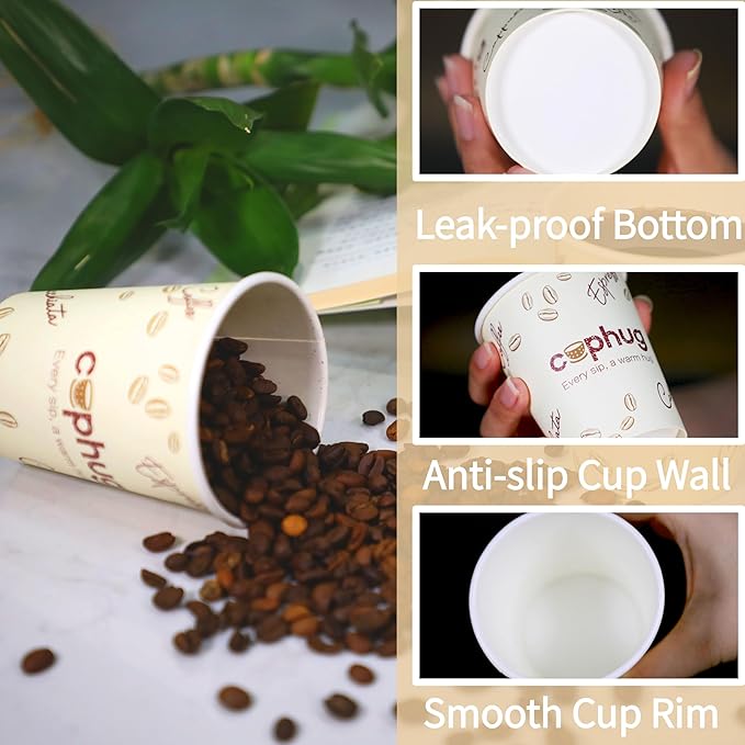 Cuphug 300 Pack 8 oz Coffee Cups with Lids, To Go Paper Cups with Sleeves and Stirring Sticks, Insulated Disposable Coffee Cups for Hot/Cold Drinks