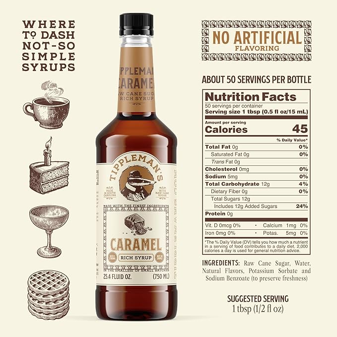 Tippleman's Caramel Coffee Syrup - Rich Flavor for Hot or Iced Drinks, Latte, Tea, Espresso, Cappuccino, Macchiato, Cocktails, & Baking - 25.4 Fl Oz