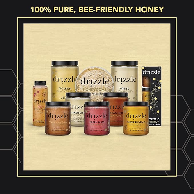 Drizzle Honey Taster Trio - All Natural Pure Raw Honey, Unfiltered, White, Cinnamon Spiced, & Turmeric Gold Mini Jars, Use in Tea & Coffee, Sugar Substitute, Certified Kosher - Pack of 3
