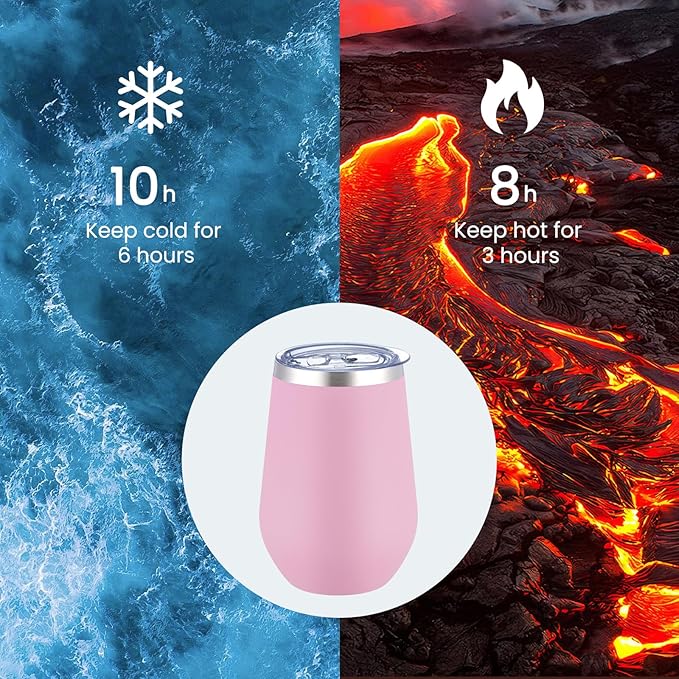 MEWAY 12oz Insulated Wine Tumbler with Press-In Lid, Double Wall Vacuum Stainless Steel Travel Tumbler with Straw,Travel Cup for Coffee and Drinks, Gift for Woman Under 10 dollars(Pink,1)