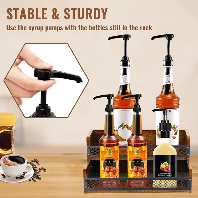 Liquor Bottle Display Shelf, Coffee Syrup Rack Organizer, 2 Step Countertop Liquor Wine Rack, 8 Bottles Coffee Station Organizer with Fences & Handles, Home Retro Bar Shelf Stand for Liquor Whiskey