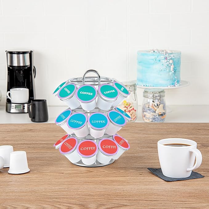 Restaurantware Restpresso 6.7 x 8.7 Inch Coffee Capsule Holder 1 Durable Pod Carousel - Holds 27 K-Cups 360-Degree Rotatable Iron Espresso Pod Organizer Mesh Tray Pods Not Included