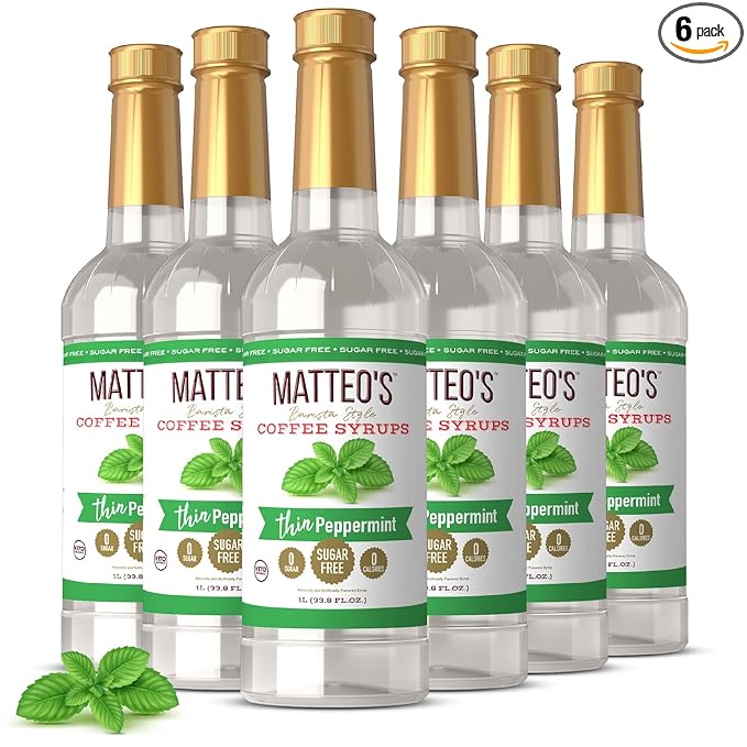 Matteo's Peppermint Syrup for Coffee, Lattes, Cappuccinos & Desserts – Sugar-Free Sweetener for Beverages, Keto Friendly, Zero Calories, Indulgent Flavor, Non-Alcoholic, Ideal for Coffee 33.8oz (6pk)