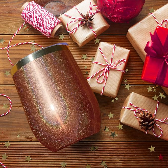 MEWAY 12oz/16 Pack Wine Tumbler Glasses with Lid - Stemless Double Wall Vacuum Stainless Steel Glitter Tumbler - Keeping Cold & Hot Cup for Coffee,Gift for Women(Rainbow Rose Gold,Set of 16)