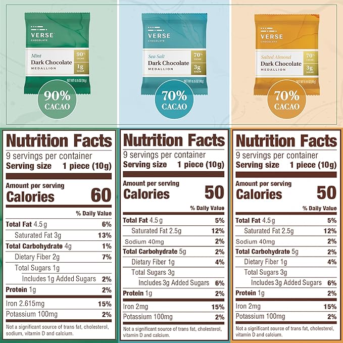 Verse Dark Chocolate Squares Variety Pack - Mint, Sea Salt, Salted Almond w/Low Cane Sugar, High Cacao - Premium Dark Chocolates - Individually Wrapped Chocolate Squares (9 Count, 3 Pack)