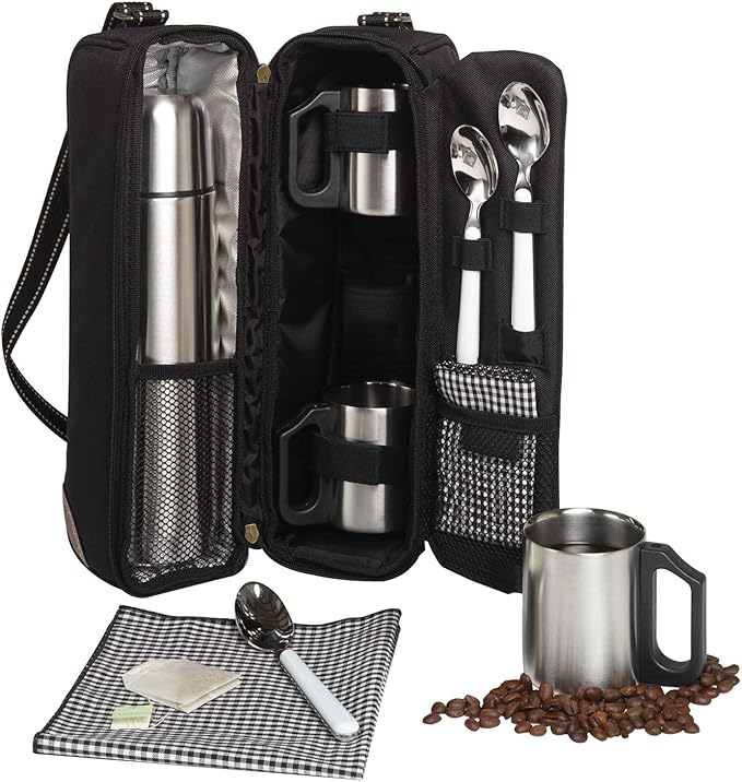 Picnic at Ascot Travel Coffee Tote for 2 - Including Stainless Vacuum Flask, Cups and Teaspoons - Designed & Assembled in the USA