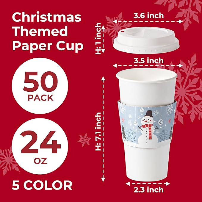 Fit Meal Prep 50 Pack 24 oz Christmas Disposable Coffee Cups with Lids, Sleeves, Leak-Proof To Go Coffee Cups with Lids, Durable Holiday Hot Paper Cups for Home, Office, Party, Business