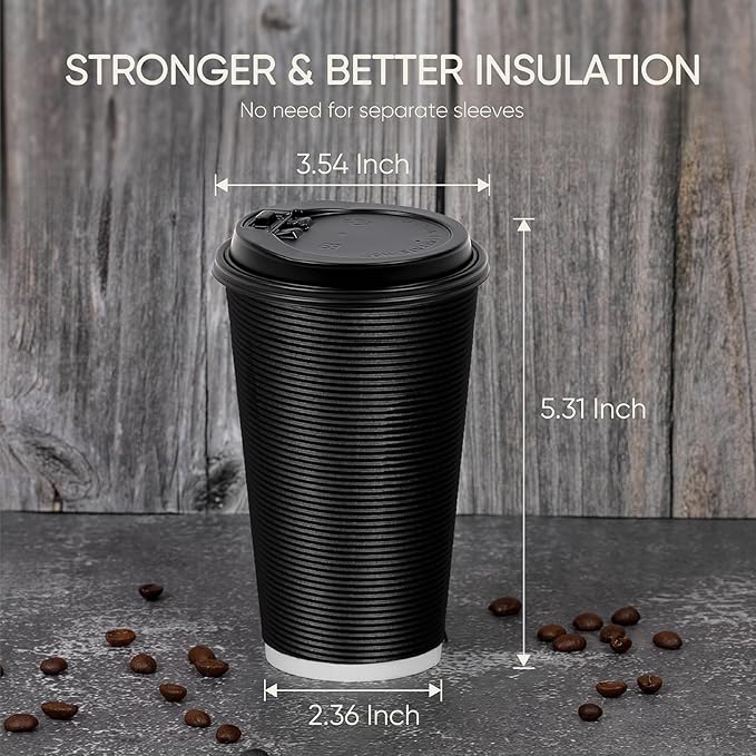 100 Pack 16 oz Disposable Coffee Cups with Lids and Straws, Insulated Ripple Wall To Go Paper Corrugated Cups, Bulk for Hot/Cold Drinks, Cafe Bar, Office, Chocolate, Cocoa (Black)