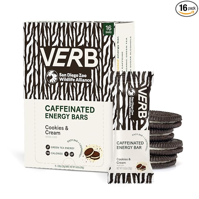 Verb Caffeinated Energy Bars Cookies & Cream (26g, Pack of 16) 110-Calorie Delicious Low Sugar Energy Bar - Vegan Gluten Free On-the Go Snack with 80mg Green Tea Caffeine, Only Real-Food Ingredients