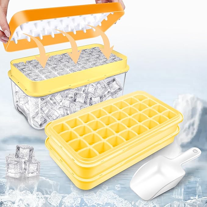 Ice Cube Tray, Press Type Ice Cube Maker, Ice Cube Trays with Lid and Storage, Yellow Ice Cube Moulds, 64 Pcs Ice Cubes, Easy Press to Release Ice, BPA Free, with Cover 2 Trays 1 Ice Bucket & Scoop