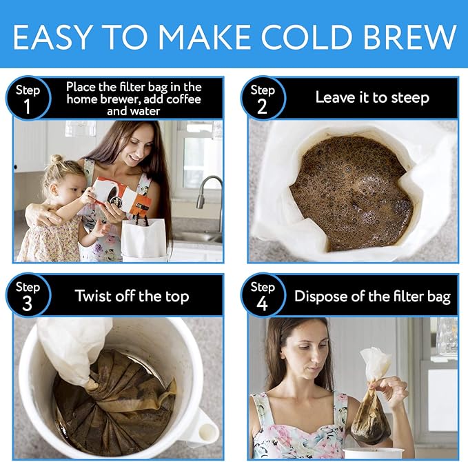 IMPRESA Cold Brew Filter Bags - Disposable Bags for Iced & Batch Coffee - Rip-Resistant Paper Coffee Filters - Compatible with Toddy Cold Brew Maker - 11.25" x 13", White, Pack of 30