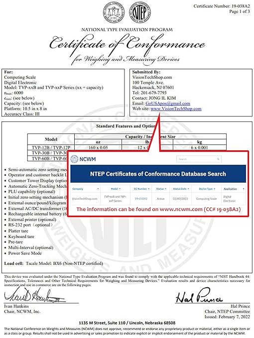 VisionTechShop TVP-30B Price Computing Scale, Lb/Oz/Kg Switchable, 30lb Capacity, 0.005lb Readability, NTEP Legal for Trade COC #19-038, NSF Certified
