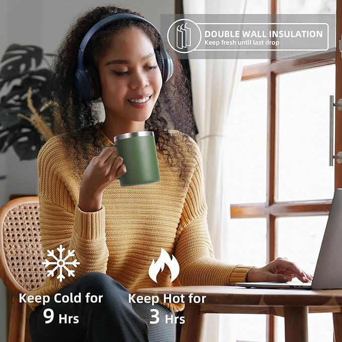 Volhoply 12oz Insulated Leakproof Coffee Mug with Flip&Straw Lid Bulk 2 Pack,Double Wall Vacuum Stainless Steel Travel Tumbler Cup with Handle,Reusable Camping Mugs Keep Cold/Hot(Army Green,2 Set)