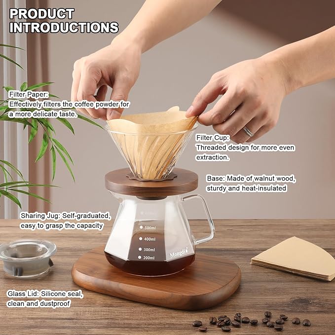 Mongdio Pour Over Coffee Maker, 20 oz V60 High-Heat Borosilicate Glass Coffee Maker with 100pcs Paper Filters, 5 in 1 Drip Coffee Maker Set for Home Café Restaurant and Camping - 600ml, Clear