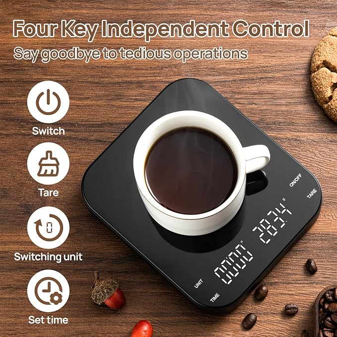 Meilen 0.1g Precision Coffee Espresso Scale - 3kg Digital Scale with Timer, USB Rechargeable, 3 Weight Units, 4 Independent Buttons Easy to Control, for Espresso, Pour Over, Drip, Kitchen