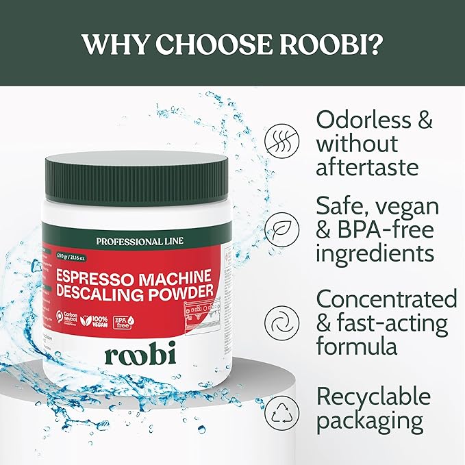 Roobi Professional Espresso Machine Descaling Powder. Carbon Neutral Espresso Descaler Powder. Up to 21 uses, 600gr.