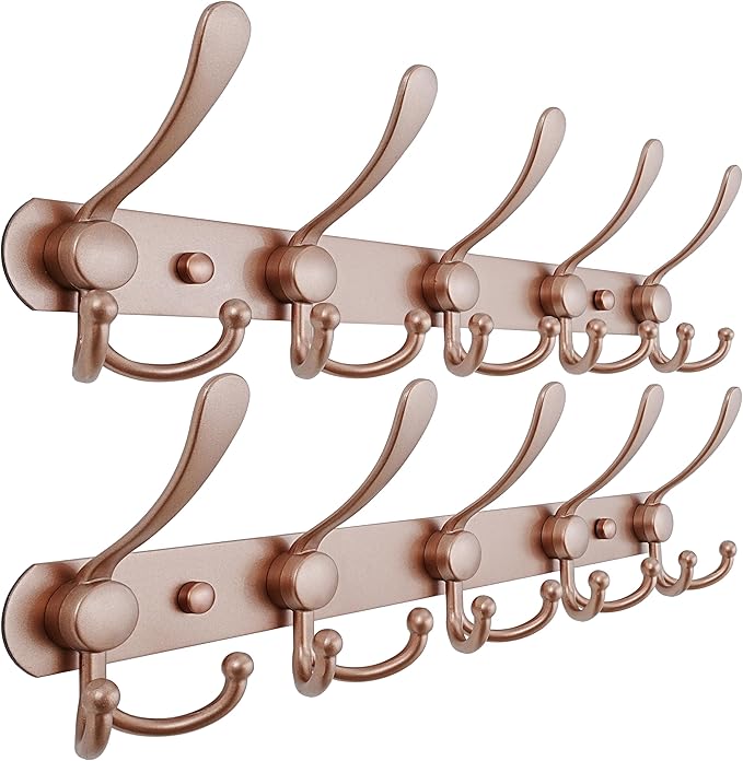 Dseap Coat Rack Wall Mounted - 5 Tri Hooks, Heavy Duty, Stainless Steel, Metal Coat Hook Rail for Coat Hat Towel Purse Robes Mudroom Bathroom Entryway (Rose Gold, Pack of 2)