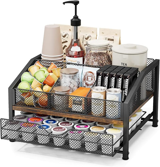 Coffee Bar Organizer - Coffee Station for Countertop, Metal and Wood K Cup holder Storage Basket with Drawer for Syrup, Cups, Stirrer, Condiment, Tea Organizer, Brown