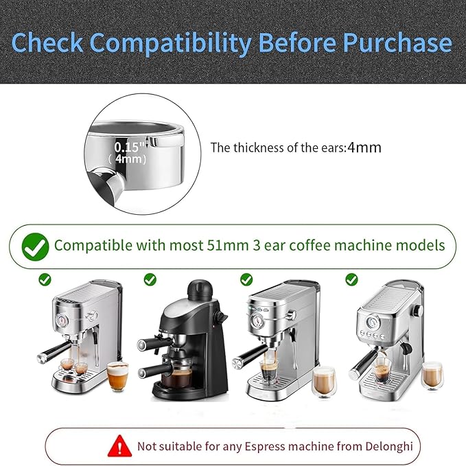 51mm Bottomless Portafilter & Puck Screen, 2 Ears Stainless Steel Head, with Stainless Steel Double Shot Capacity Cup Filter Basket Compatible for Delonghi ECP3420/ECP3120/EC155/BCO430/EC260