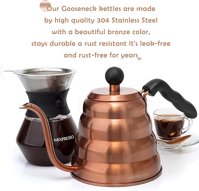 Mixpresso Gooseneck Pour Over Coffee Kettle, Barista Pour Control Design, High-Grade Stainless Steel 1.2 Liter Bundle With Bronze Stainless Steel Airtight Coffee Container with Date Tracker For Coffe