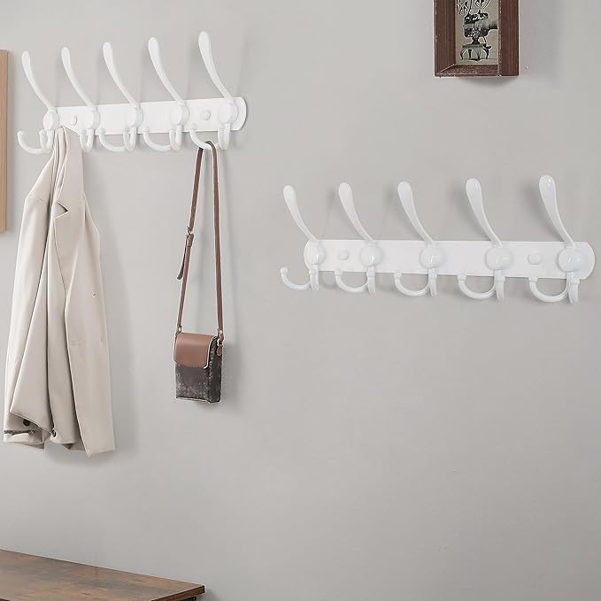 Dseap Wall Mounted Coat Rack - 5 Tri Hooks, Heavy Duty, Stainless Steel, Metal Coat Hook Rail for Coat Hat Towel Purse Robes Mudroom Bathroom Entryway (White, 2 Packs)