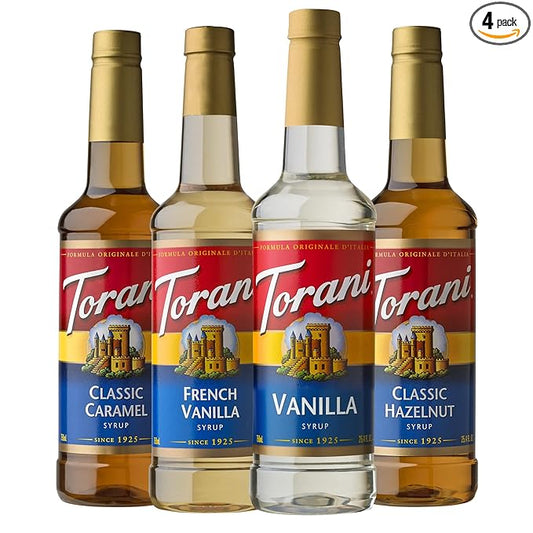 Torani Variety Pack Caramel, French Vanilla, Vanilla & Hazelnut, 25.4 Ounces (Pack of 4)