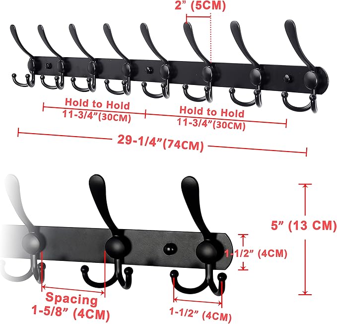 Dseap Coat Rack Wall Mount - 29.5” Long 8-Tri-Hooks Heavy Duty Coat Hanger Rail Wall Hooks for Hanging Coats Hats Clothing Clothes Purse Mudroom Entryway, Black, Pack of 2