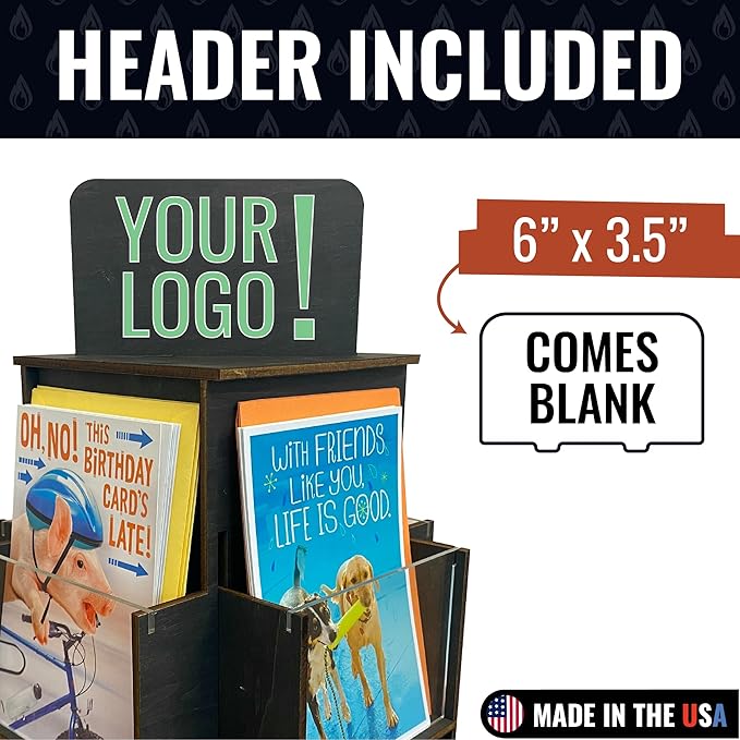 Rotating Greeting Card Display Stand, 1 Tier Wooden Organizer, 4-Sided Display Rack 360 Degree Spinning Multi-Pocket Display for Coasters, Stickers, Retail, Showcase, Tradeshow, 12.5”H (Ebony)