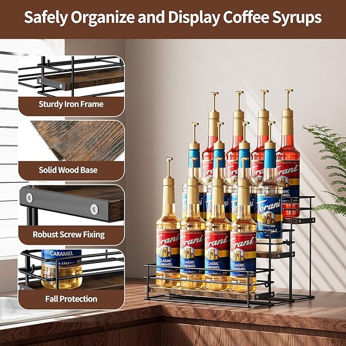 Nuovoware Coffee Syrup Organizer, 3-Tier 12 Bottles Bar Organizer, Separable Metal Rack with Wooden Base Whiskey Wine Dressing for Countertop Kitchen Coffee Bar, Black