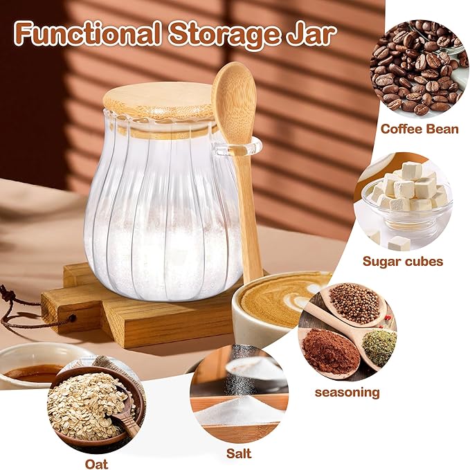 15oz Sugar Container with Bamboo Lid and Spoon,Sugar Bowl Glass Jar for Coffee Bar Accessories Coffee Canister Kitchen Decor (Medium)