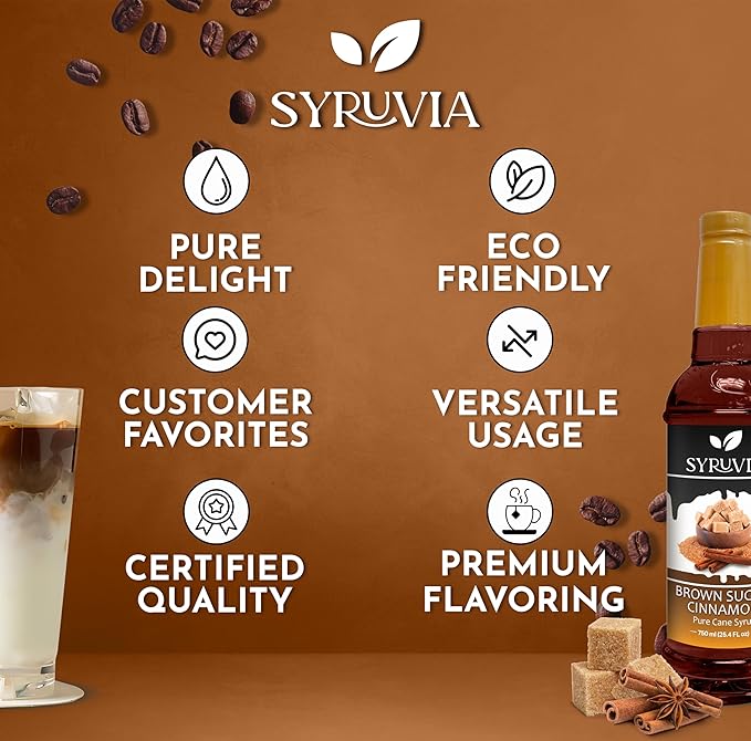 Syruvia Coffee Syrup, Brown Sugar Cinnamon Flavored Syrup for Drinks, Lattes, and Desserts – 25.4 fl oz, With Pump