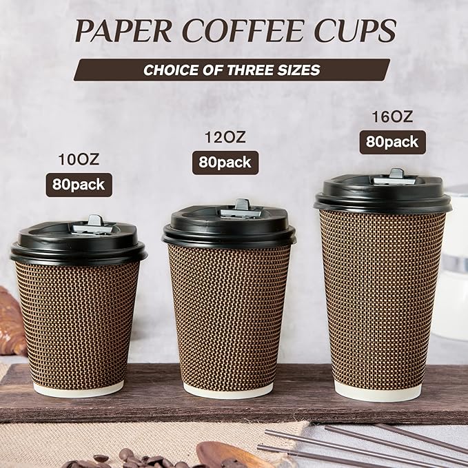 LITOPAK 80 Pack 12 oz Paper Coffee Cups, Insulated Ripple Wall Hot Coffee Cups with Lid and Straws, Brown Three Layer Insulated Hot Beverage Cups for Parties, Picnic, and Travel