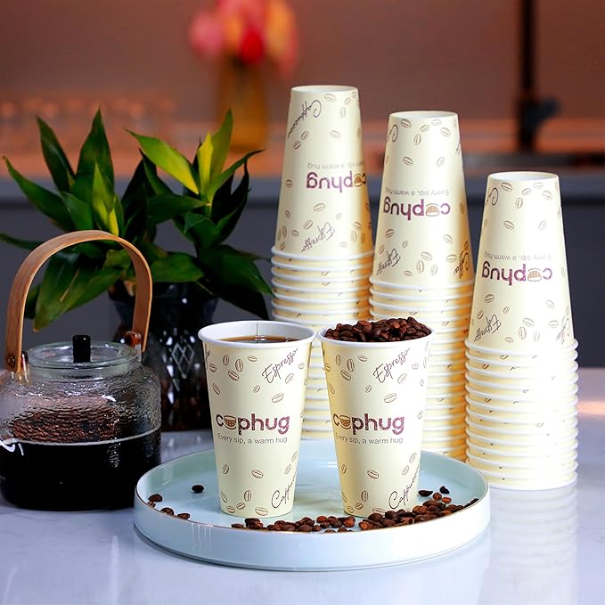 Cuphug 100 Pack 16 oz Coffee Cups with Lids, To Go Paper Cups with Sleeves and Stirring Sticks, Insulated Disposable Coffee Cups for Hot/Cold Drinks