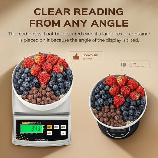 Bonvoisin Digital Food Scale 12lb x 0.002lb Kitchen Scale Weight Ounces and Grams Percentage Weighing Baking Scale for Cooking, Baking, Candle Soap Making, with Stainless Steel Platter