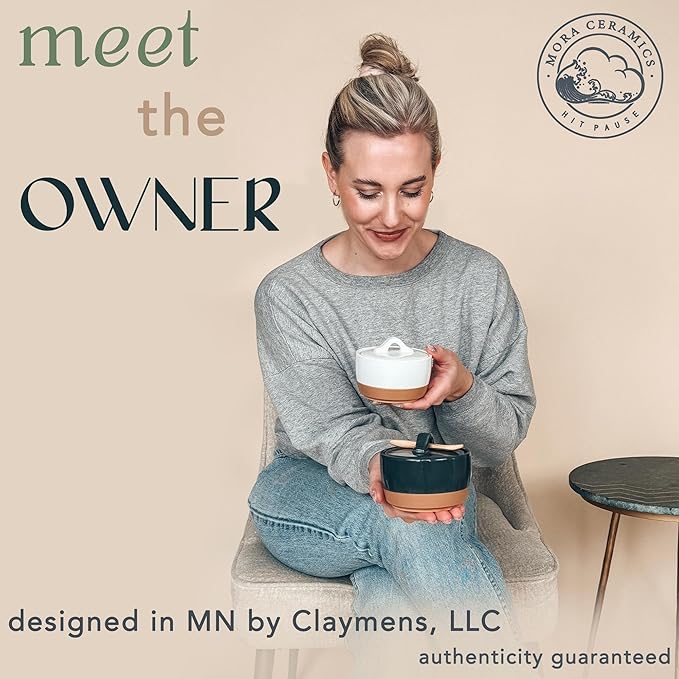 Mora Ceramic Salt and Pepper Cellar Set with Lid - 10 oz Modern Canister/Container/Bowl for Storage, Sea Salt, Spice, Sugar, Countertop - Small Dish/Jar with Wood Spoon, Black & White Crock