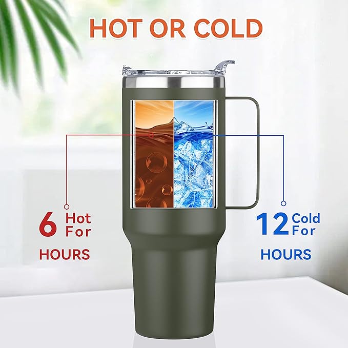 HASLE OUTFITTERS 40 oz Stainless Steel Tumbler with Handle, Vacuum Insulated Tumblers Bulk, Reusable Double Wall Travel Coffee Mug, Durable Powder Coated Water Bottles(Army Green, 8)