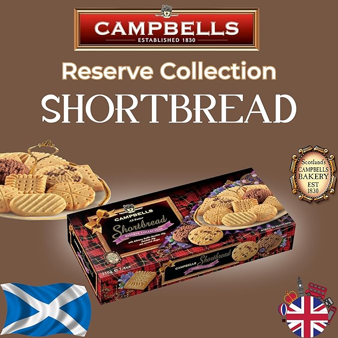 Campbells Shortbread Reserve Collection Carton 7.4 Oz (Pack of 3) - Scottish All-Butter Shortbread Cookies from Scotland, Chocolate Chip & Assorted Variety, Gourmet British Tea Biscuits & Gift Box