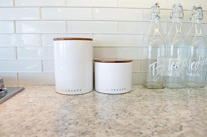 AirScape Planetary Design Ceramic Coffee and Food Storage Canister – Small 4-inch – US Patented Airtight Inner Lid – White with Bamboo Top