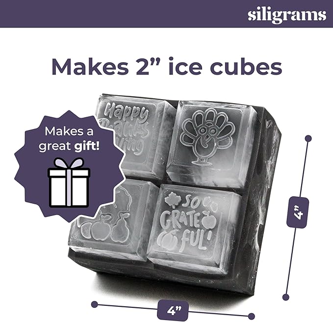SILIGRAMS Thanksgiving Ice Cube Mold – 2” Custom Whiskey & Cocktail Ice Tray – Holiday-Themed Silicone Ice Cube Mold – Festive Gift for Hosts & Fall Entertaining – Reusable Ice Mold