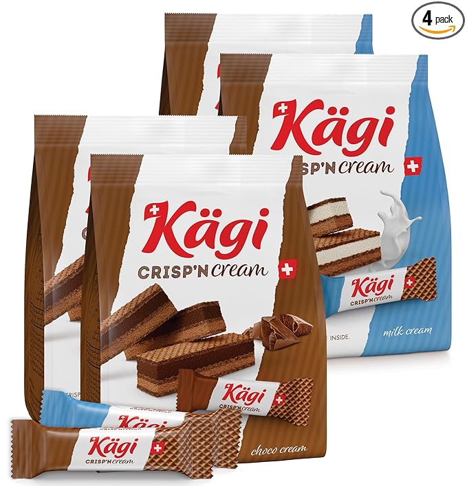 Swiss Milk Chocolate Mousse Filled Wafers by Kägi, Individually Wrapped Snacks, Chocolate Gift, Kägi Crisp'n Cream, Milk and Choco Cream, 4-Pack, 88g Bags