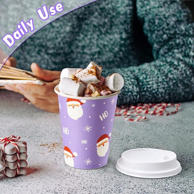 Remerry 100 Sets 400 Pcs 12 oz Christmas Disposable Coffee Cups with Lid, Straws and Sleeves Snowflake Reindeer Snowman Paper Cups Xmas Party Supplies for Hot Drink Cold Beverage (Purple Christmas)