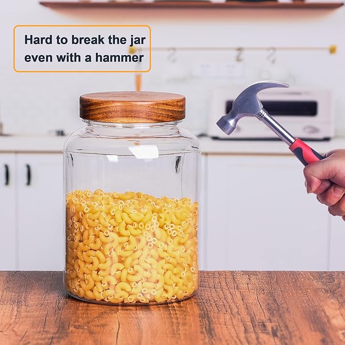 64 Fluid Ounces Unbreakable & Dishwasher Safe Plastic Apothecary Jar with Wooden Airtight Screw Top Lid, 0.5 Gallon Food Storage Canister for Sugar, Coffee, Cookie, Cereal, Flour Containers